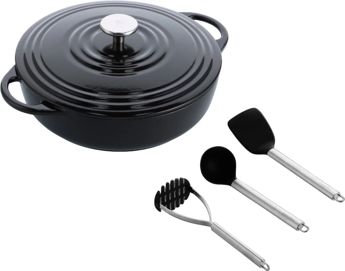 Bourgogne Braadpan 26cm/5.3L - Inductie braadpan - Gietijzeren braadpan - Ovenbestendig tot 230 graden - Deksel met druipringen - Wit geëmailleerde binnenkant - Met Spatelset von BK in Schwarz – Produktfoto