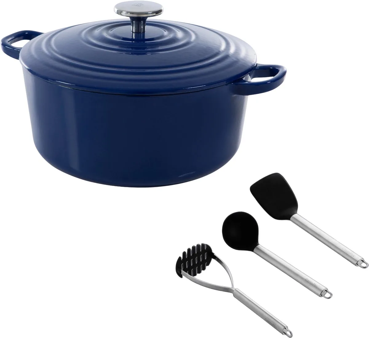 Bourgogne Braadpan 28cm/6.7L - Inductie braadpan - Gietijzeren braadpan - Ovenbestendig tot 230 graden - Deksel met druipringen - Wit geëmailleerde binnenkant - Met Spatelset von BK in Royal Blue – Produktfoto