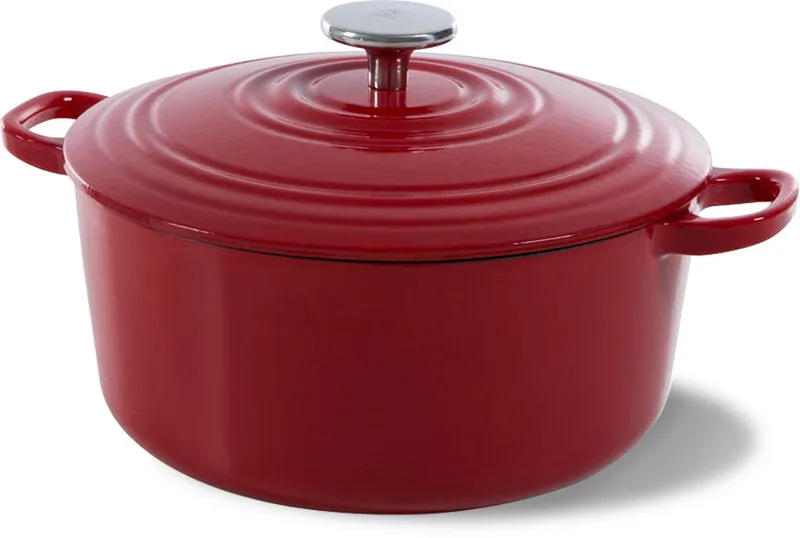 Bourgogne Braadpan Gietijzer 20cm/2.5l - inductie braadpan - gietijzeren braadpan - ovenbestendig tot 230 graden - deksel met druipringen - wit geëmailleerde binnenkant - Chili Red by BK in Chili_red – product photo