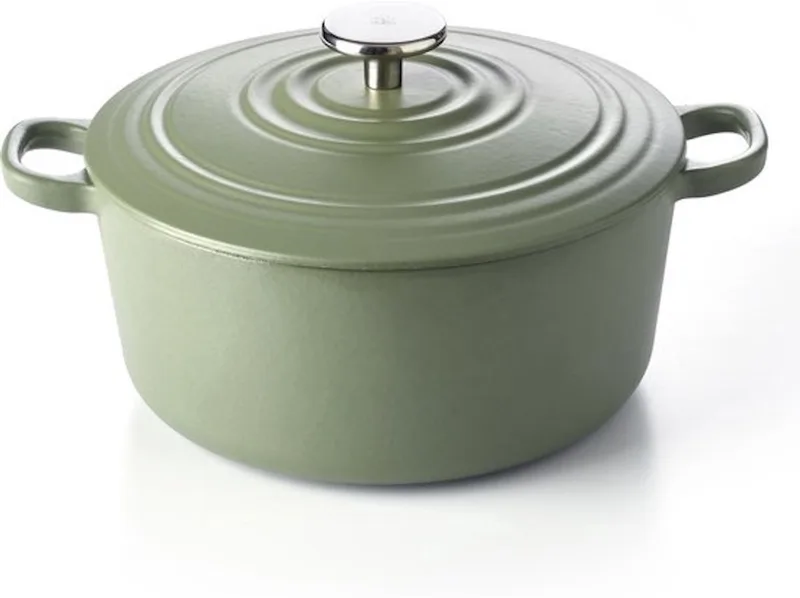 Bourgogne Braadpan Gietijzer 24cm/4.2l - inductie braadpan - gietijzeren braadpan - ovenbestendig tot 230 graden - deksel met druipringen - wit geëmailleerde binnenkant - Olijfgroen van BK in Groen – productfoto