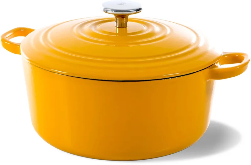 Bourgogne Braadpan Gietijzer 24cm/4.2l - inductie braadpan - gietijzeren braadpan - ovenbestendig tot 230 graden - deksel met druipringen - wit geëmailleerde binnenkant - Sunny Yellow von BK in Sunny_yellow – Produktfoto