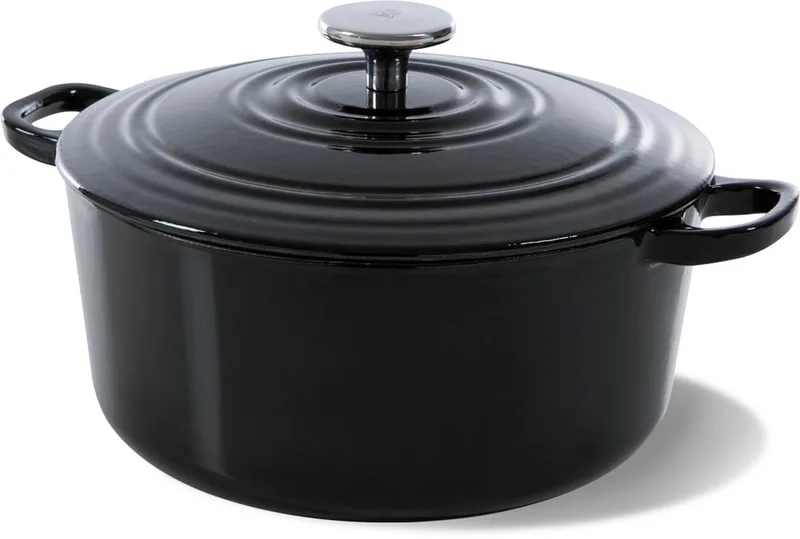 Bourgogne Braadpan Gietijzer 28cm/6.7l - inductie braadpan - gietijzeren braadpan - ovenbestendig tot 230 graden - deksel met druipringen - wit geëmailleerde binnenkant - Zwart by BK in Jetblack – product photo