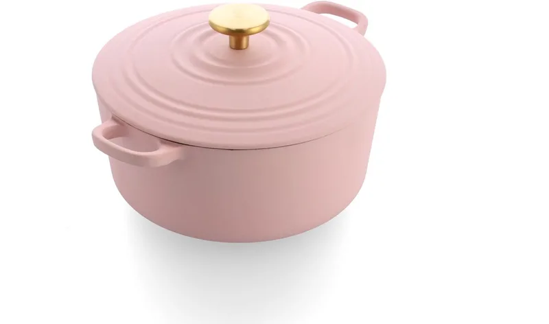 Bourgogne Braadpan Gietijzer 28cm/6.7l - inductie braadpan - gietijzeren braadpan - ovenbestendig tot 230 graden - deksel met druipringen - wit geëmailleerde binnenkant - Blush Pink von BK in Blush_pink – Produktfoto