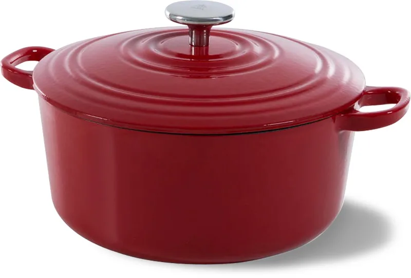 Bourgogne Braadpan Gietijzer 28cm/6.7l - inductie braadpan - gietijzeren braadpan - ovenbestendig tot 230 graden - deksel met druipringen - wit geëmailleerde binnenkant - Chili Red by BK in Chili_red – product photo