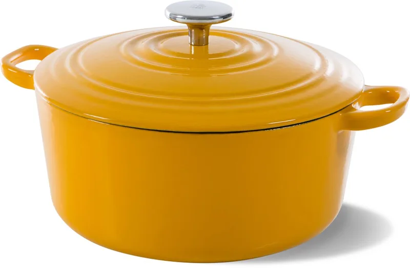 Bourgogne Braadpan Gietijzer 28cm/6.7l - inductie braadpan - gietijzeren braadpan - ovenbestendig tot 230 graden - deksel met druipringen - wit geëmailleerde binnenkant - Sunny Yellow de BK en Sunny_yellow – photo produit