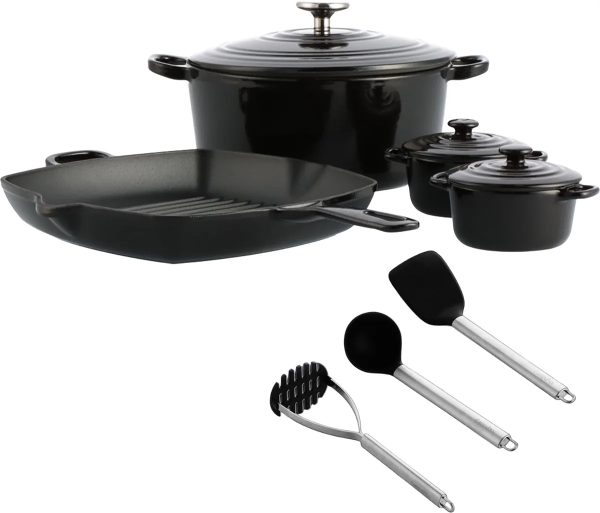 Bourgogne Braadpannenset 4-delig - 24/26cm - Cocottes 10 cm - Inductie braadpan - Gietijzeren braadpan - Ovenbestendig tot 230 graden - Deksel met druipringen - Wit geëmailleerde binnenkant - Met Spatelset von BK in Schwarz – Produktfoto
