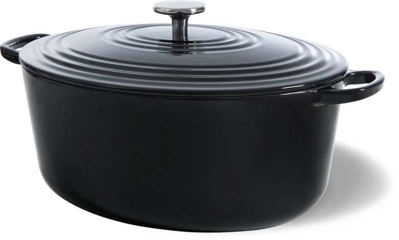 Bourgogne Gietijzeren Wildpan 32cm/7.5l - inductie braadpan – ovenbestendig tot 230 graden – deksel met druipringen – wit geëmailleerde binnenkant – Zwart de BK en Noir – photo produit