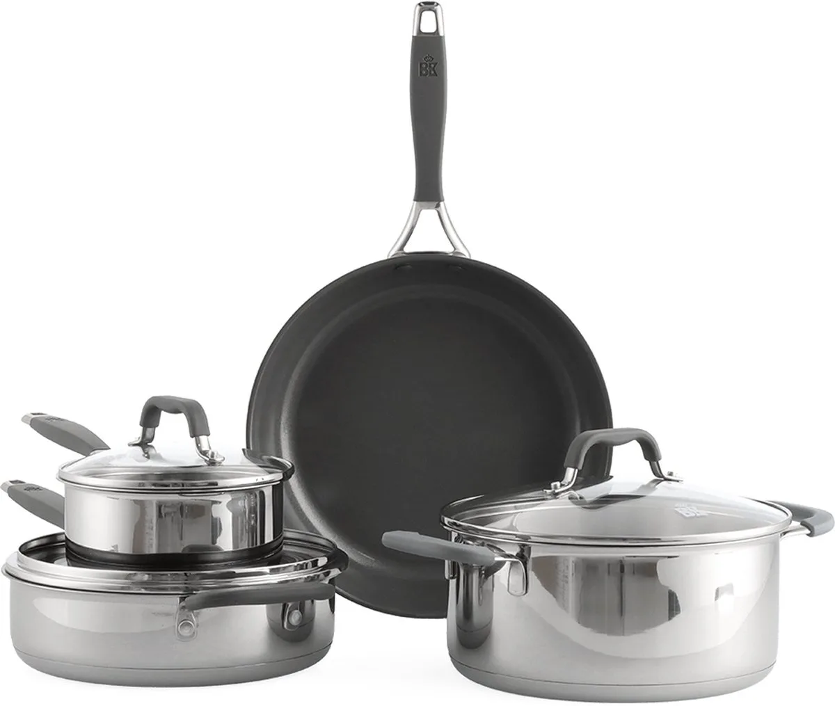 Control Keramische antiaanbaklaag pannenset 7-delig - steelpan 16cm - kookpan en hapjespan 24cm - Koekenpan 28cm - PFAS-vrij - inductie - Vaatwasserbestendig - siliconen handvat- ovenbestendig tot 180 graden - met glazen deksels - Zilver de BK en Argent – photo produit