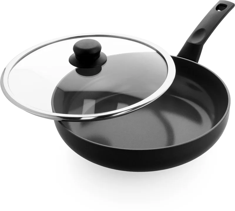 Easy Basic Ceramic Hapjespan 28cm met deksel - 3.4l - PFAS-vrije antikleeflaag - Hapjespan inductie - Keramische pan - Ovenbestendig tot 160°C - Met glazen deksel - Zwart by BK in Black – product photo