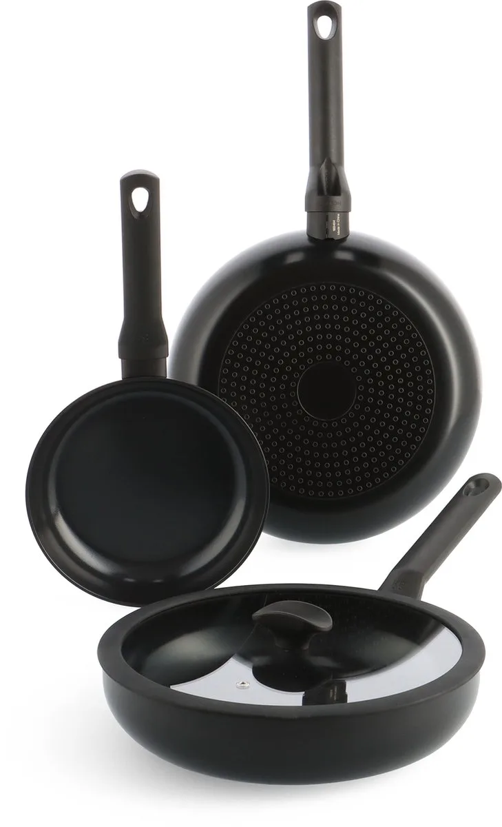 Enjoy Pannenset 3-delig - 20/28cm - 3.4L - PFAS-vrije antikleeflaag – Pannenset inductie – Keramische pan - Ovenbestendig tot 160°C – Hapjespan 28cm met deksel - Koudgrepen - Zwart de BK en Noir – photo produit