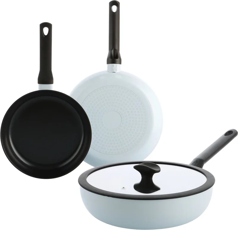 Enjoy Pannenset 3-delig - 24/28cm - 3.4L - PFAS-vrije antikleeflaag - Pannenset inductie - Keramische pan - Ovenbestendig tot 160°C - Hapjespan 28cm met deksel -Koudgrepen - Met glazen deksel - Blauw de BK en Bleu clair – photo produit