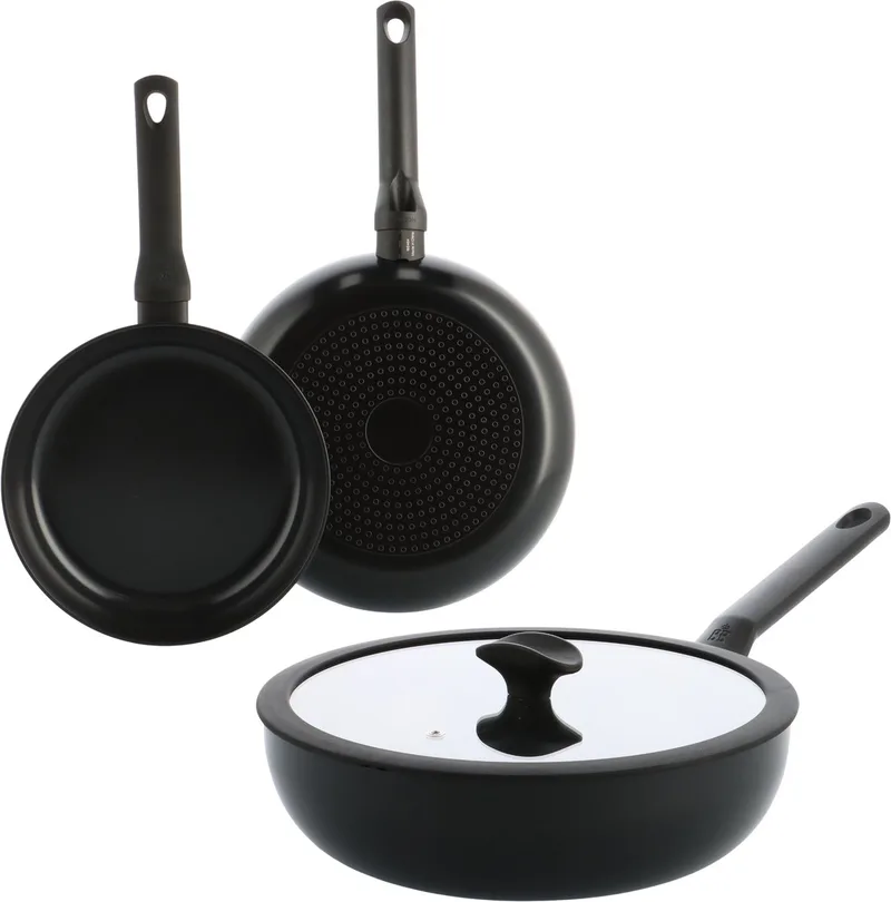 Enjoy Pannenset 3-delig - 24/28cm - 4.2L - PFAS-vrije antikleeflaag - Pannenset inductie - Keramische pan - Ovenbestendig tot 160°C - Koudgrepen - Met glazen deksel - Zwart von BK in Schwarz – Produktfoto
