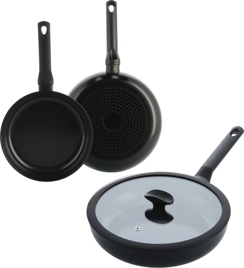 Enjoy Pannenset 3-delig - 24/28cm koekenpan - Hapjespan met deksel - PFAS-vrije antikleeflaag – Pannenset inductie – Keramische pan - Ovenbestendig tot 160°C - Hapjespan 28cm met deksel – Koudgrepen - Met glazen deksel - Zwart by BK in Black – product photo