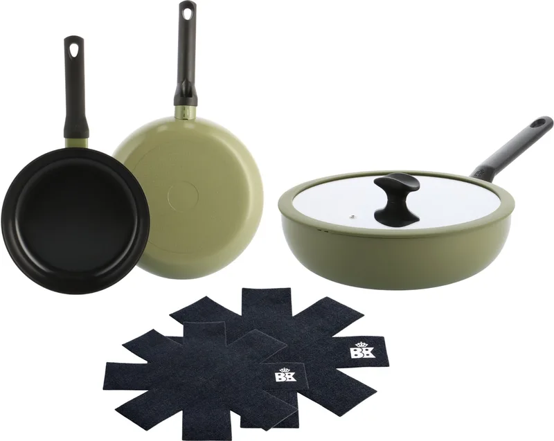 Enjoy Pannenset 3-delig - Koekenpan 24/28cm - Wokpan met deksel 28cm/4.2L - PFAS-vrije antikleeflaag - Pannenset inductie - Keramische pan - Ovenbestendig tot 160°C - Koudgrepen - Met Pan protectors - Olijfgroen von BK in Grün – Produktfoto