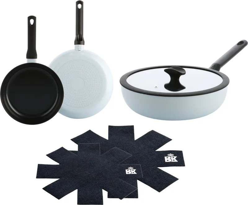 Enjoy Pannenset 3-delig - Koekenpan 24/28cm - Wokpan met deksel 28cm/4.2L - PFAS-vrije antikleeflaag - Pannenset inductie - Keramische pan - Ovenbestendig tot 160°C - Koudgrepen - Met Pan protectors de BK en Bleu clair – photo produit