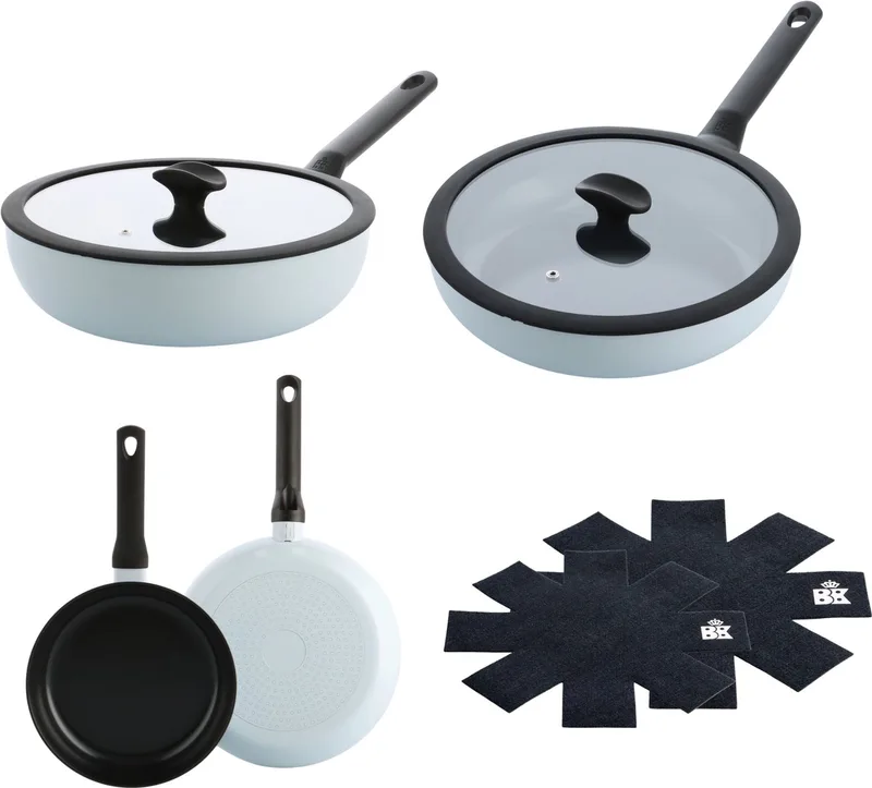 Enjoy Pannenset 4-delig - Koekenpan 24/28cm - Hapjespan met deksel 28cm/3.48 -Wokpan met deksel 28cm/4.2L - PFAS-vrije antikleeflaag - Pannenset inductie - Keramische pan - Ovenbestendig tot 160°C - Koudgrepen - Met Pan protectors de BK en Bleu clair – photo produit