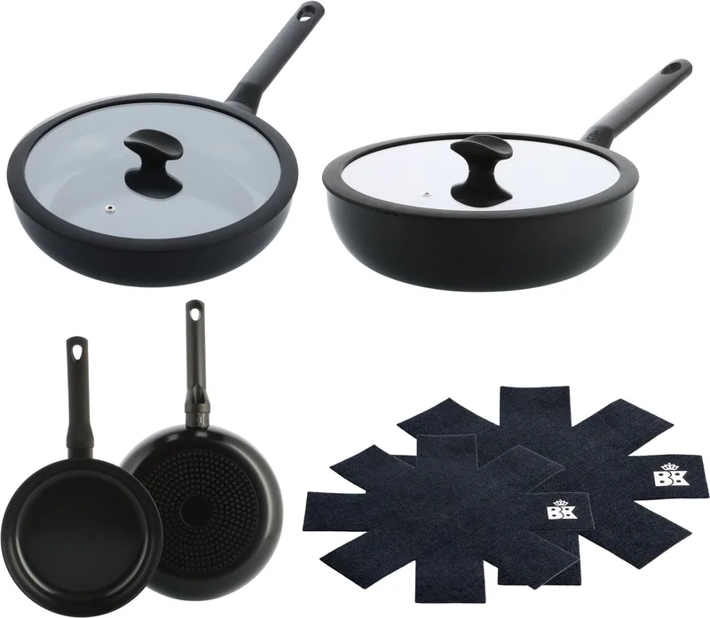 Enjoy Pannenset 4-delig - Koekenpan 24/28cm - Hapjespan met deksel 28cm/3.4L- Wokpan met deksel 28cm/4.2L - PFAS-vrije antikleeflaag - Pannenset inductie - Keramische pan - Ovenbestendig tot 160°C - Koudgrepen - Met Pan protectors de BK en Noir – photo produit
