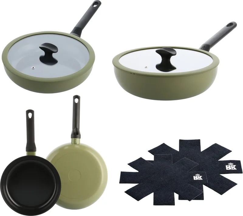 Enjoy Pannenset 4-delig - Koekenpan 24/28cm - Hapjespan met deksel 28cm/3.48 -Wokpan met deksel 28cm/4.2L - PFAS-vrije antikleeflaag - Pannenset inductie - Keramische pan - Ovenbestendig tot 160°C - Koudgrepen - Met Pan protectors - Olijfgroen by BK in Green – product photo