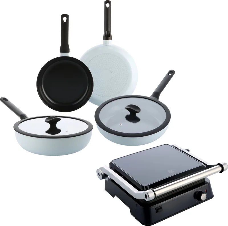 Enjoy Pannenset 4-delig met Contactgrill - 24/28cm - 3.4/4.2L - 2000W - PFAS vrije antikleeflaag - Pannenset inductie - Keramische pan - Ovenbestendig tot 160° - Hapjespan 28cm met deksel - Koudgrepen - Lichtblauw från BK i Licht Blauw – produktbild