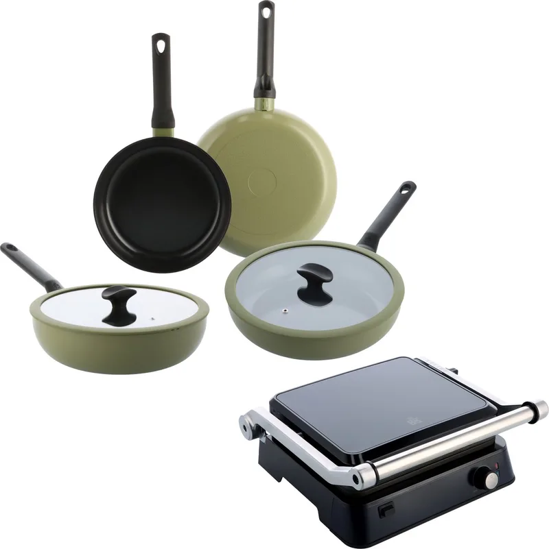 Enjoy Pannenset 4-delig met Contactgrill - 24/28cm - 3.4/4.2L - 2000W - PFAS vrije antikleeflaag - Pannenset inductie - Keramische pan - Ovenbestendig tot 160° - Hapjespan 28cm met deksel - Koudgrepen de BK en Olijfgroen – photo produit