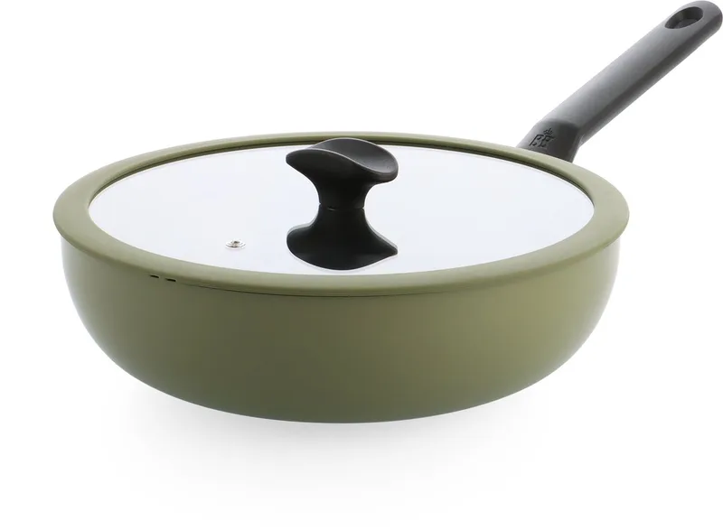 Enjoy Wokpan 28cm – 4.2L – PFAS-vrije antikleeflaag – Wokpan inductie – Keramische pan - Ovenbestendig tot 160°C – Koudgrepen - Met glazen deksel - Olijfgroen by BK in Olive_green – product photo