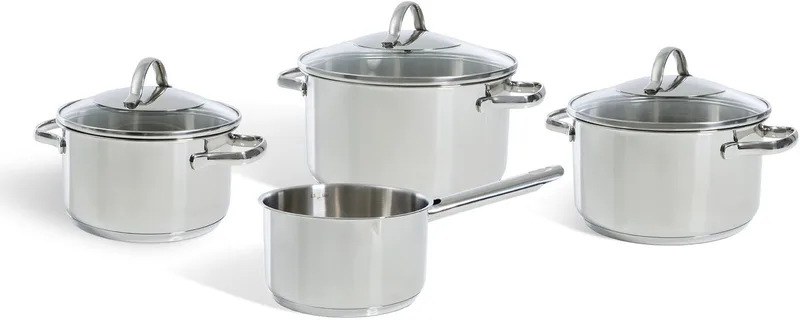 Essentials Pannenset 4-delig - 16/18/20cm -Zonder PFAS-vrije antikleeflaag - Pannenset inductie - Inductie kookpan - RVS pannenset - Ovenbestendig tot 230°C - Met glazen deksel - Zilver de BK en Argent – photo produit