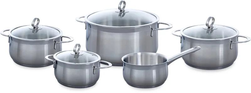 Excellent RVS kookpannenset 5 delig - Ø16cm tot Ø24cm - Inductie pannenset - Vaatwasserbestendig - Ovenbestendig tot 230° - met deksels - maatverdeling - Zilver by BK in Silver_colored_matt – product photo