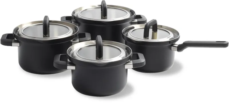 Flow Cool Pannenset 4-delig - 16/18/20cm - RVS pannenset - Inductie pannenset - Ovenbestendig tot 160°C - Koudgrepen - Met deksel - Zwart de BK en Noir – photo produit