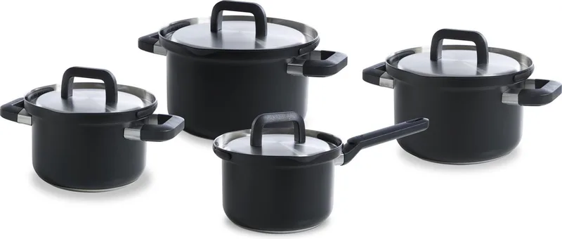 Flow Cool Pannenset 4-delig - 16/18/20cm - Zonder PFAS-vrije antikleeflaag - Pannenset inductie - RVS kookpan - Ovenbestendig tot 160°C - Met deksel - Zilver by BK in Black – product photo