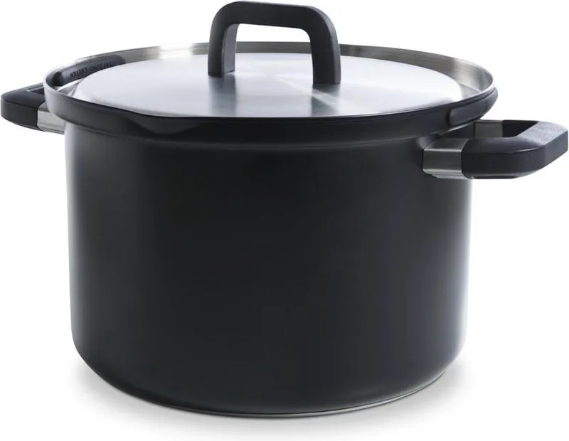Flow Cool Soeppan 24cm - 6.5L - Zonder PFAS-vrije antikleeflaag - Inductie kookpan - RVS kookpan - Veilig afgietsysteem - Ovenbestendig tot 160°C - Met deksel - Zilver de BK en Noir – photo produit