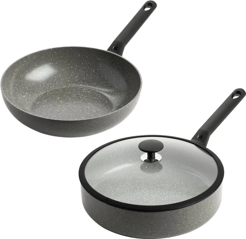 Granite Ceramic Pannenset 2‑delig – 28cm - 3.7/4.2L - PFAS-vrije antikleeflaag - Wokpan inductie - Hapjespan inductie - Keramische pan – Ovenbestendig tot 160°C – Hapjespan 28cm met deksel - Koudgrepen - Grijs de BK en Gris – photo produit