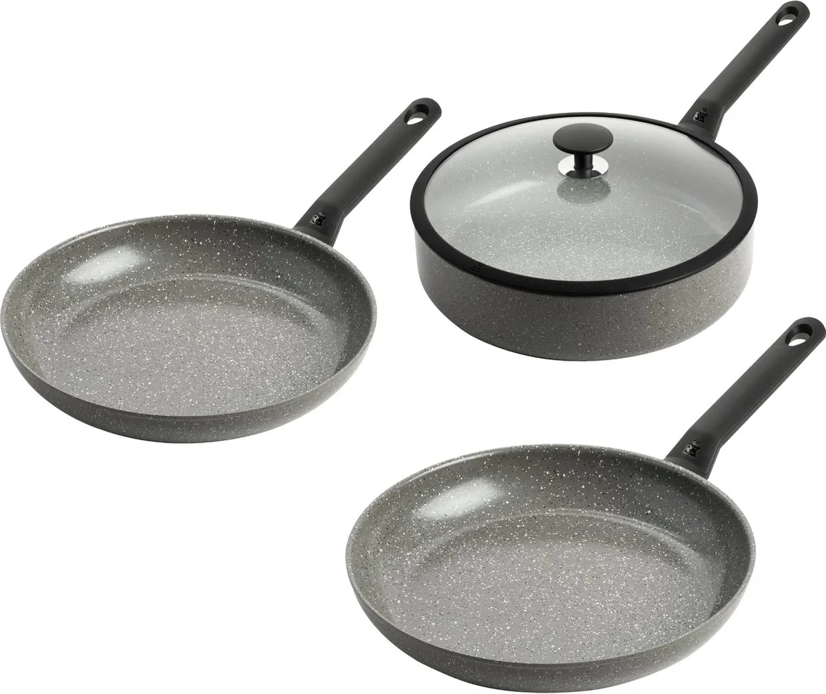 Granite Ceramic Pannenset 3‑delig – 28/30cm - 4.2L - PFAS-vrije antikleeflaag - Koekenpan inductie - Hapjespan inductie - Keramische pan - Ovenbestendig tot 160°C – Hapjespan 28cm met deksel - Koudgrepen – Grijs von BK in Grau – Produktfoto