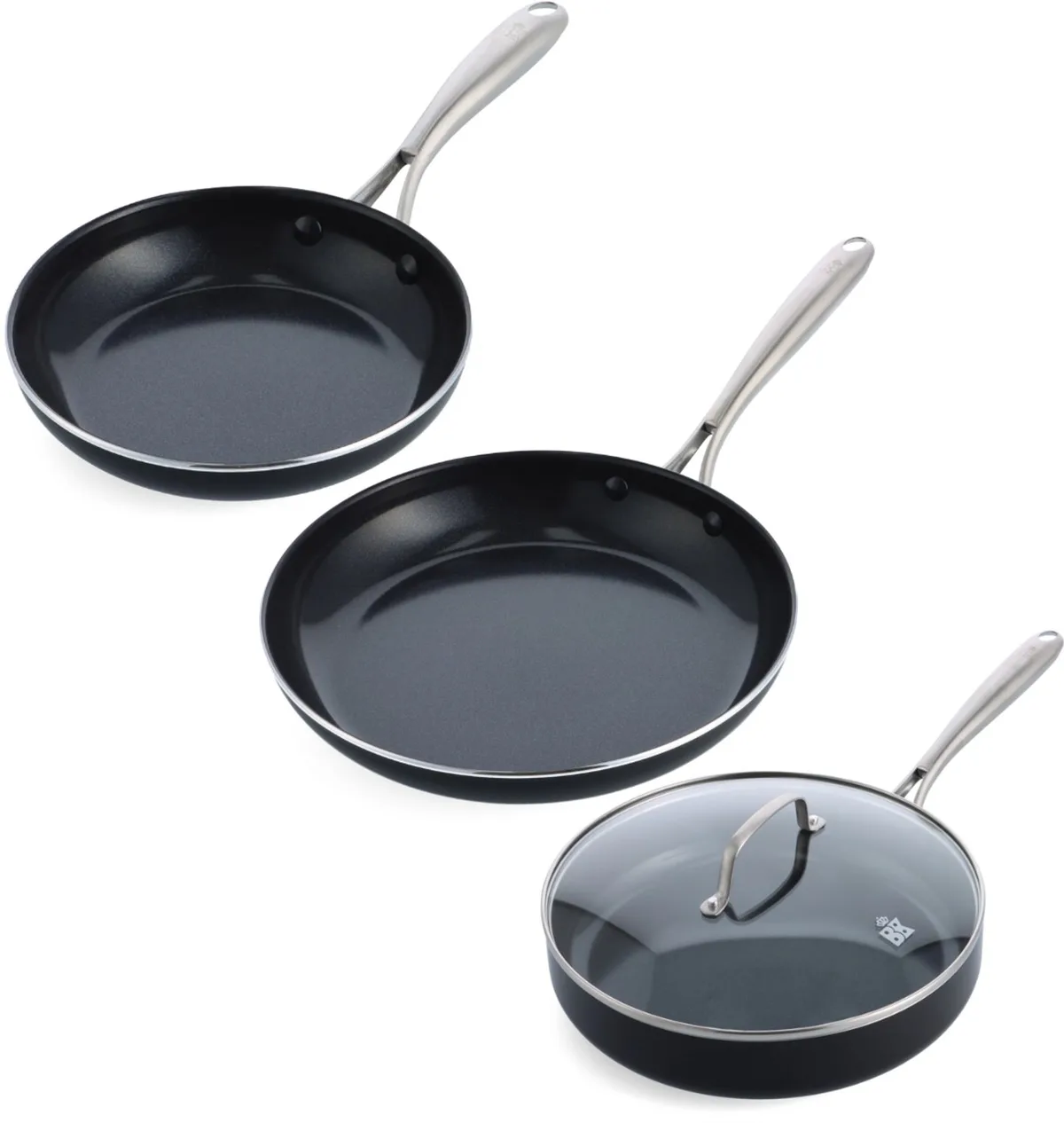 Magma Aluminium Pannenset 3-delig - Koekenpannen 20/28cm - Hapjespan 28cm/3.6L met deksel - PFAS-vrije antikleeflaag - Pannenset inductie - Keramische pan - Ovenbestendig tot 250°C - RVS handgreep de BK en Noir – photo produit