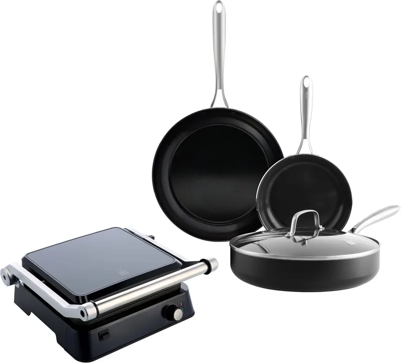 Magma Pannenset 2-delig met Contactgrill - 20/28cm - PFAS-vrije antikleeflaag - Pannenset inductie - Keramische pan - Ovenbestendig tot 250° - Met glazen deksel - Zwart de BK en Noir – photo produit
