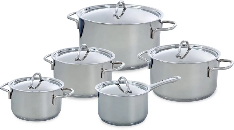 Profiline Pannenset 5-delig - 16/18/20/24cm - 1.6/2.5/3.5/6L - Zonder PFAS-vrije antikleeflaag - RVS pannenset - Inductie kookpan - Ovenbestendig tot 230°C - Met deksel by BK in Silver – product photo