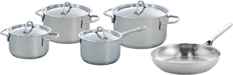 Profiline Pannenset 5-delig - Kookpannen 16-20cm - Koekenpan 24 cm - Zonder antikleeflaag - Pannenset inductie - RVS Pannenset - Ovenbestendig tot 230°C - Met RVS deksel från BK i Silver – produktbild