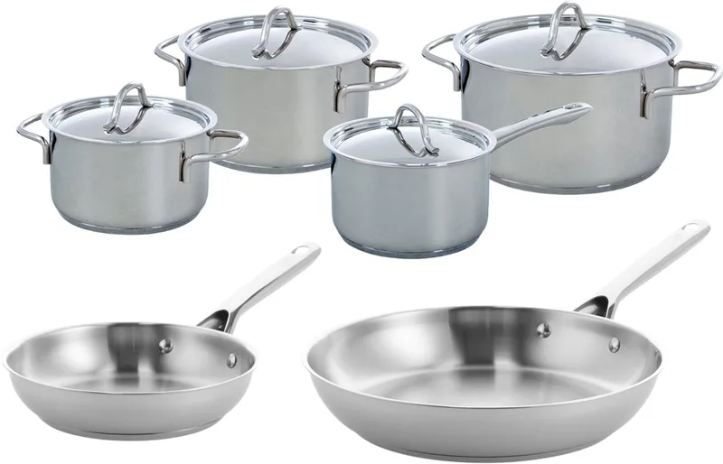Profiline Pannenset 6-delig - Kookpannen 16-20cm - Koekenpan 20/28cm - Zonder antikleeflaag - Pannenset inductie - RVS Pannenset - Ovenbestendig tot 230°C - Met RVS deksel by BK in Silver – product photo