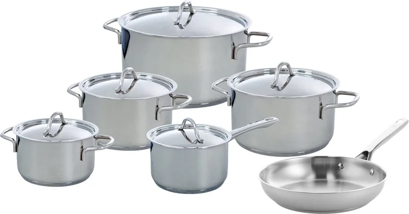 Profiline Pannenset 6-delig - Kookpannen 16-24cm - Koekenpan 24cm - Zonder antikleeflaag - Pannenset inductie - RVS pannenset - Ovenbestendig tot 230°C - Met RVS deksel de BK en Argent – photo produit