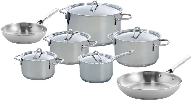 Profiline Pannenset 7-delig - Kookpannen 16-24cm - Koekenpan 20/28cm - Zonder antikleeflaag - Pannenset inductie - RVS pannenset - Ovenbestendig tot 230°C - Met RVS deksel von BK in Silber – Produktfoto