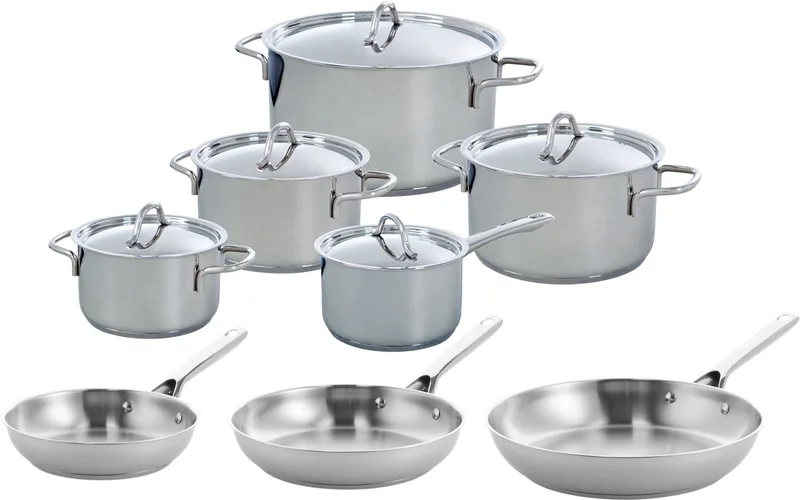 Profiline Pannenset 8-delig - Kookpannen 16-24cm - Koekenpan 20/24/28cm - Zonder antikleeflaag - Pannenset inductie - RVS pannenset - Ovenbestendig tot 230°C - Met RVS deksel by BK in Silver – product photo
