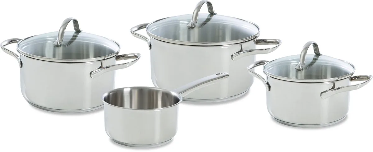 Purity Kookpannenset 4-delig - Zonder PFAS-vrije antikleeflaag - Kookpannenset inductie - RVS kookpannenset - Ovenbestendig tot 230°C - Met glazen deksel - Zilver från BK i Silver – produktbild