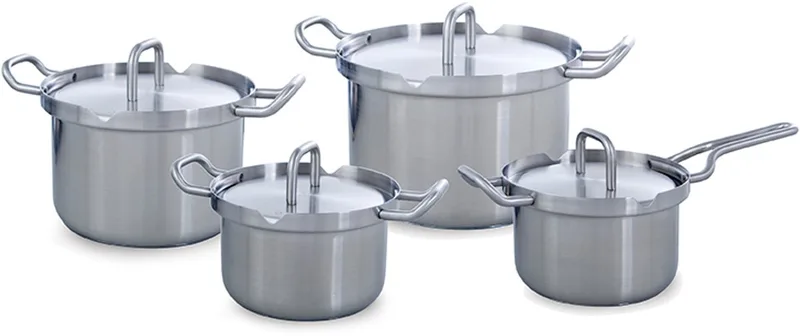 Q-linair Master Kookpannenset 4-delig - 16/18/20cm - 2/2.5/3.5L - Zonder PFAS-vrije antikleeflaag - Pannenset inductie - RVS pannenset - Ovenbestendig tot 230°C - Dowdraft afzuigsysteem - Met RVS deksel - Zilver von BK in Silber – Produktfoto
