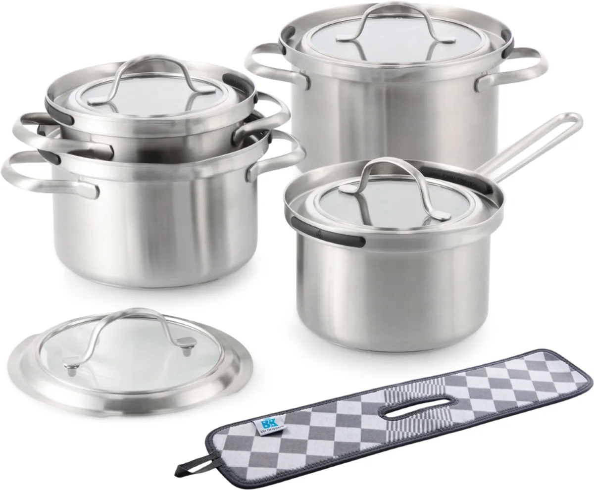 Q-linova Pannenset 4-delig - 16/18/20 cm - 1.8/2.5/3.5L - Zonder PFAS-vrije antikleeflaag - Pannenset inductie - RVS pannenset - Ovenbestendig tot 220°C - Met deksel - Met afgiethulp van BK in Zilver – productfoto
