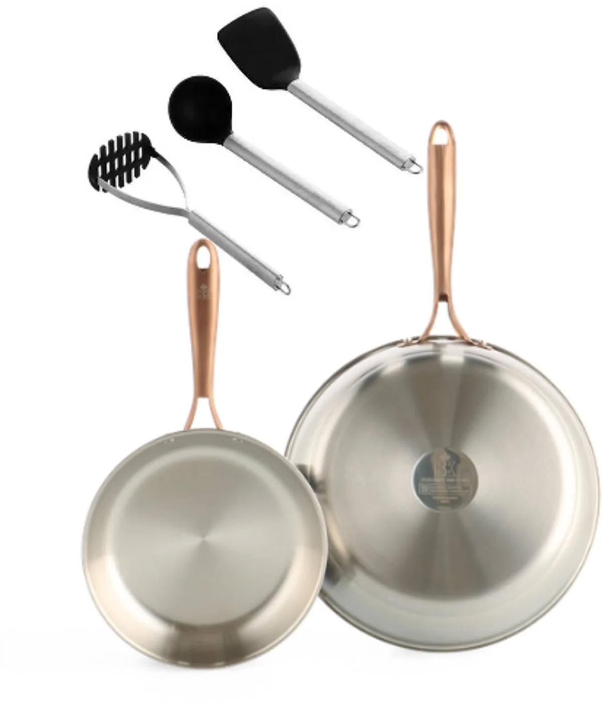 Rose Koekenpannenset 2-delig - 20/28cm - Zonder antikleeflaag - Pannenset inductie - RVS pannenset - Ovenbestendig - tot 200°C - Met spatelset de BK en Argent – photo produit
