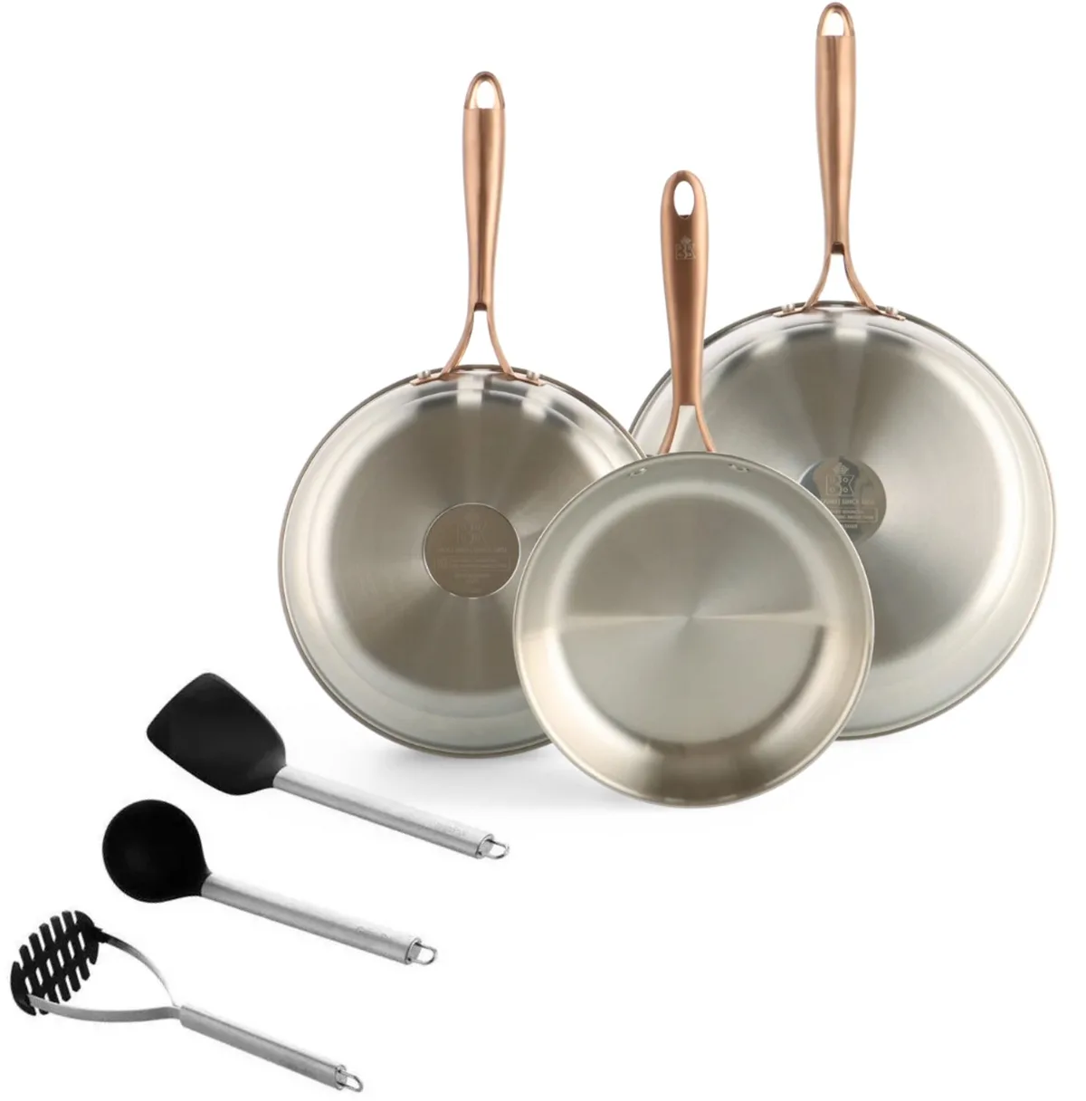 Rose Koekenpannenset 3-delig - 20/24/28cm - Zonder PFAS-vrije antikleeflaag - Pannenset inductie - RVS pannenset - Met spatelset Ovenbestendig tot 200°C van BK in Zilver – productfoto