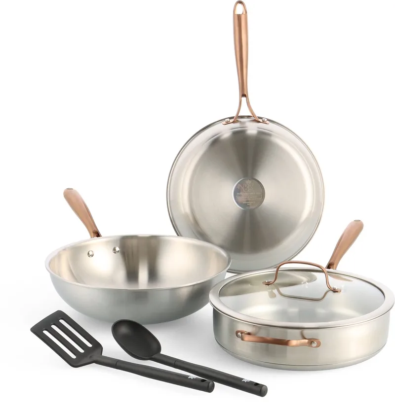 Rose Pannenset 5-delig - 28cm - 3.7/4.2L - Zonder PFAS-vrije antikleeflaag - Pannenset inductie - RVS pannenset - Ovenbestendig tot 200°C - Hapjespan 28cm met deksel - Met glazen deksel - Zilver de BK en Argent – photo produit