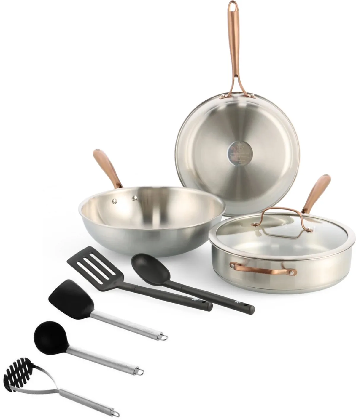 Rose Pannenset 5-delig - Koekenpan 28cm - Hapjespan met glazen deksel 28cm/3.7L - Wokpan 28cm - Met Opscheplepel - Met spatelset - Zonder PFAS-vrije antikleeflaag - Pannenset inductie - RVS pannenset - Ovenbestendig tot 200°C van BK in Zilver – productfoto