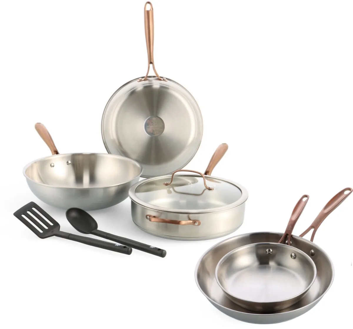 Rose Pannenset 7-delig - Koekenpannen 20/28cm - Hapjespan met glazen deksel 28cm/3.7L - Wokpan 28cm - Met Opscheplepel - Met spatel - Zonder PFAS-vrije antikleeflaag - Pannenset inductie - RVS pannenset - Ovenbestendig tot 200°C van BK in Zilver – productfoto