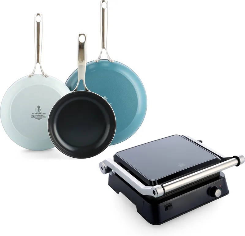 Sky Blue keramische inductie koekenpannenset 3-delig en contactgrill - PFAS vrij - inductie pannenset- Grill - Ovenbestendig tot 220°C – Vaatwasserbestendig – Snelle opwarming – RVS handgrepen - Vaderdag cadeaupakket fra BK i Blå – produktbillede