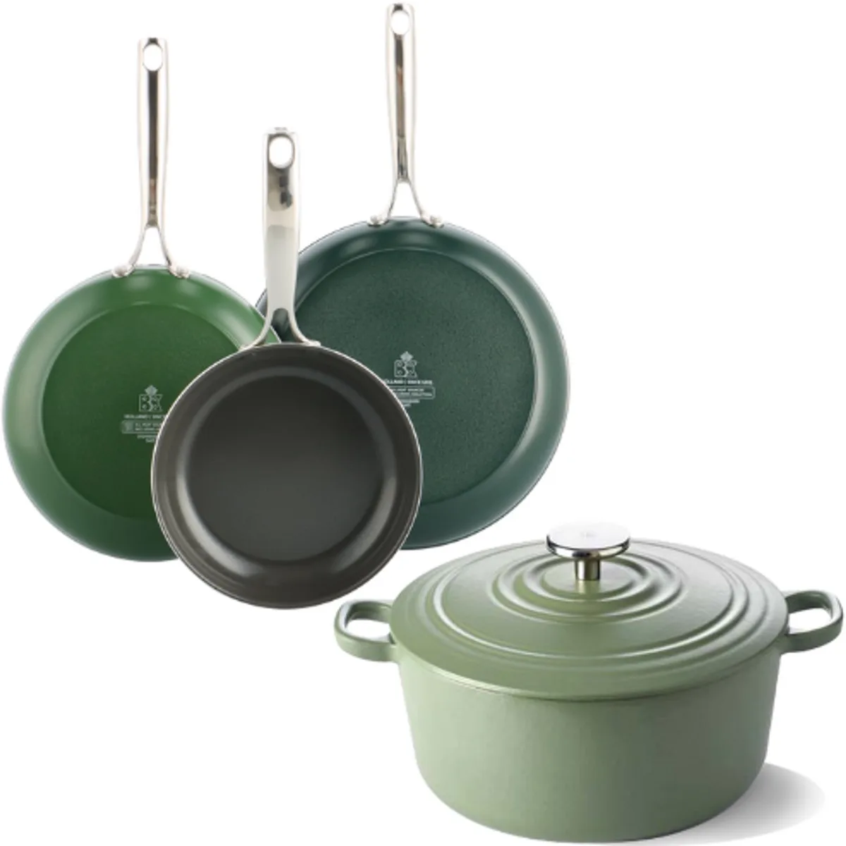 Sky Koekenpannenset 3-delig - 20/24/28cm - Bourgogne Braadpan 24cm/4.2L - PFAS vrije antikleeflaag - Inductie pannenset - Keramische pannenset - Ovenbestendig tot 220°C - RVS handgrepen van BK in Groen – productfoto